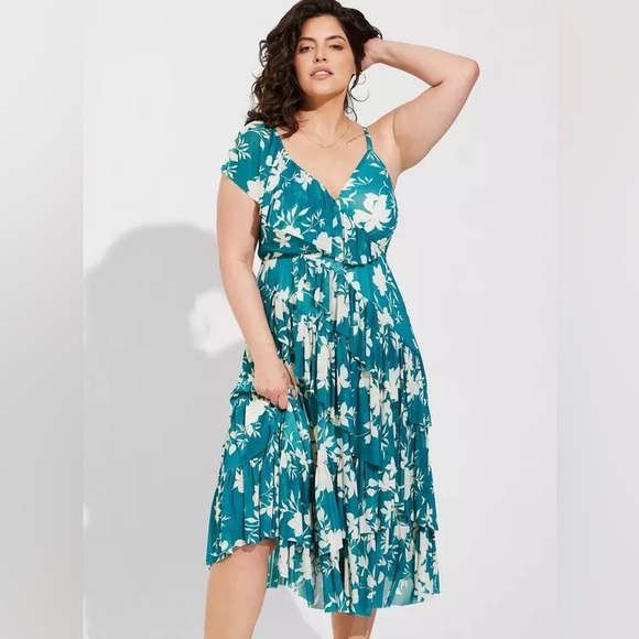 torrid Dresses & Skirts - Torrid Midi Mesh Ruffle Surplice Dress Sz 2 2X Floral Teal Dress